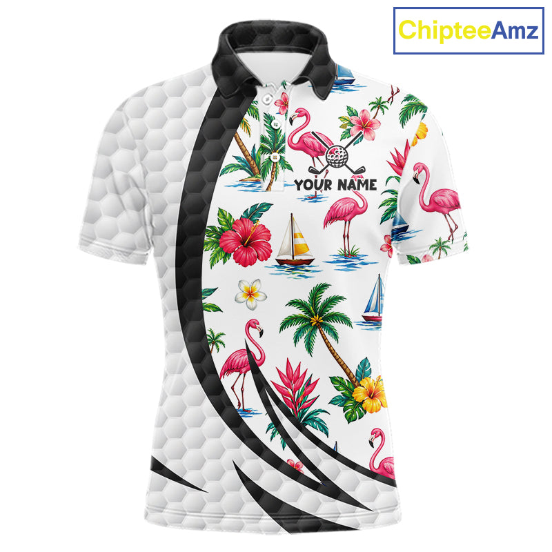 Tropical White And Black Golf Ball Polo Golf Shirts For Men Custom Flamingo Golf Team Attire NYN3176