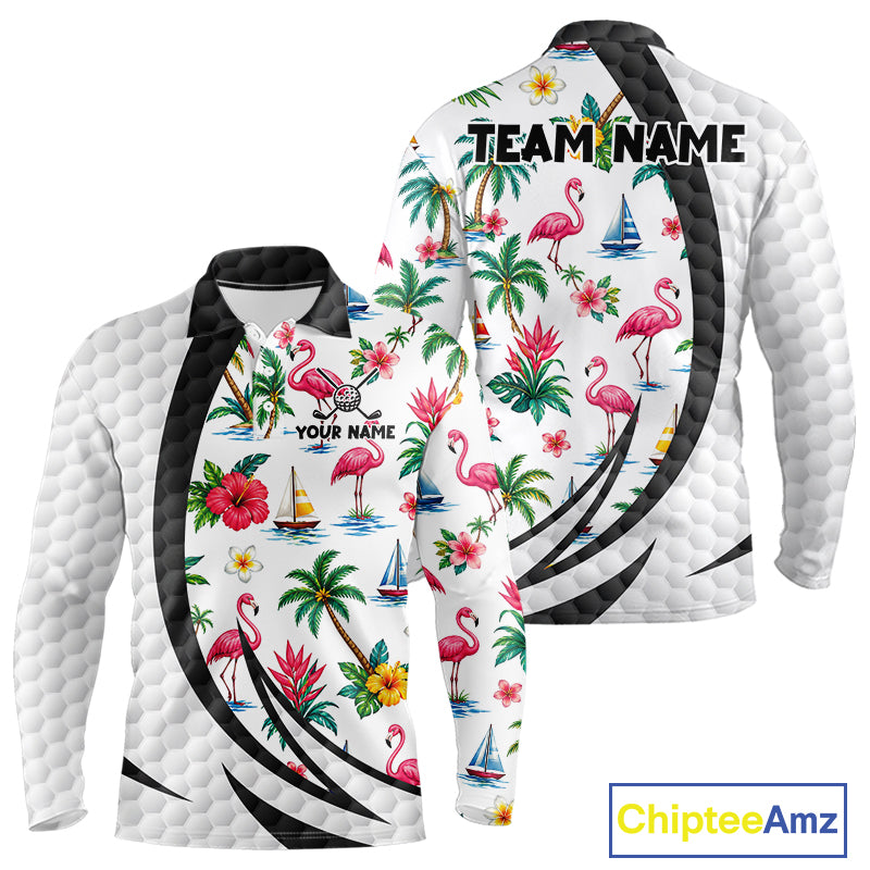 Tropical White And Black Golf Ball Polo Golf Shirts For Men Custom Flamingo Golf Team Attire NYN3176