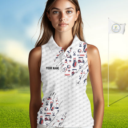USA Anniversary Womens Golf Sleeveless Polo Shirt Custom White Golf Ball Patriotic Golf Tops NYN3392