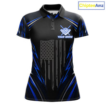 Load image into Gallery viewer, Women's patriotic billiard polo with black blue US flag and illuminated 8 ball artwork, custom performance jersey for league play, Memorial Day tournaments and Independence Day events.