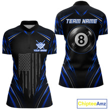 Load image into Gallery viewer, Women's quarter-zip billiard jersey featuring black blue American flag with glowing 8 ball graphics, premium team apparel for patriotic pool players, APA leagues and national competitions.