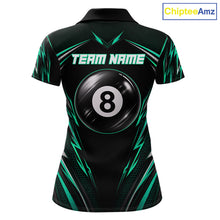 Load image into Gallery viewer, Women's billiard polo with black green patriotic flag and 8 ball artwork, personalized league jersey for APA tournaments, billiard clubs and competitive sports teams.