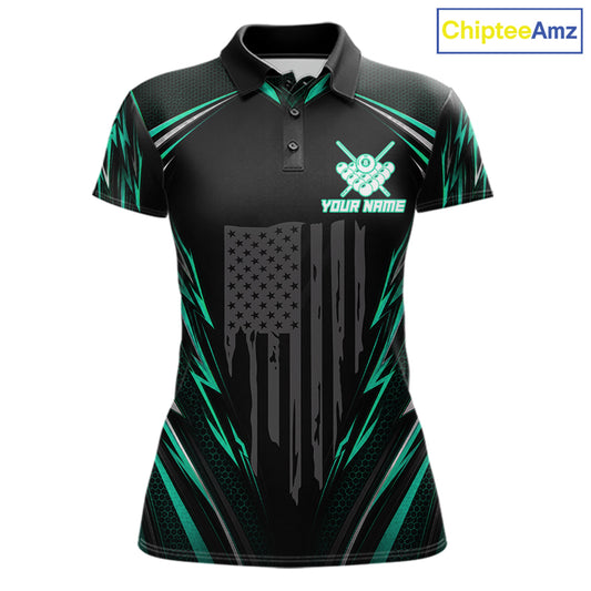 Women's billiard polo with black green patriotic flag and 8 ball artwork, personalized league jersey for APA tournaments, billiard clubs and competitive sports teams.