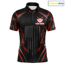 Load image into Gallery viewer, Men's billiard polo featuring black red American flag with glowing 8 ball artwork, personalized performance apparel for APA tournaments, motorcycle lifestyle enthusiasts, veterans and patriotic athletes, representing courage and victory.
