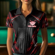 Load image into Gallery viewer, Female billiard player wearing black red patriotic jersey during championship match, representing determination, confidence and fearless competition.