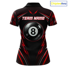 Load image into Gallery viewer, Women's billiard polo with black red American flag and realistic 8 ball artwork, premium performance shirt for APA leagues, billiard tournaments and patriotic events.