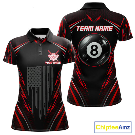 Women's billiard polo with black red American flag and realistic 8 ball artwork, premium performance shirt for APA leagues, billiard tournaments and patriotic events.