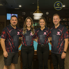Load image into Gallery viewer, Men women billiard team wearing matching black red American flag jerseys for league tournaments, representing unity, passion, strength and championship performance.