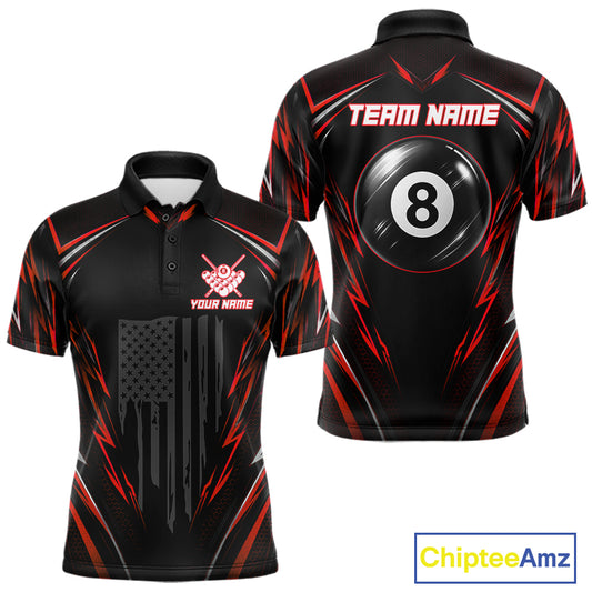 Men's billiard polo featuring black red American flag with glowing 8 ball artwork, personalized performance apparel for APA tournaments, motorcycle lifestyle enthusiasts, veterans and patriotic athletes, representing courage and victory.