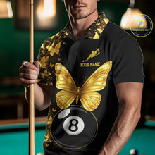 Load image into Gallery viewer, Male billiard player wearing black gold butterfly billiard jersey during elite competition, premium sports apparel symbolizing confidence, elegance, success and competitive excellence.