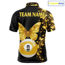 Load image into Gallery viewer, Men's billiard polo featuring luxurious black gold butterflies with realistic 8 ball and 9 ball graphics, personalized premium pool apparel for stylish players, luxury sportswear fans and tournament competitors, symbolizing success and transformation.