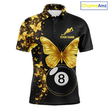 Load image into Gallery viewer, Men's billiard polo featuring luxurious black gold butterflies with realistic 8 ball and 9 ball graphics, personalized premium pool apparel for stylish players, luxury sportswear fans and tournament competitors, symbolizing success and transformation.