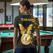 Load image into Gallery viewer, Female billiard player wearing luxurious butterfly billiard jersey, representing elegance, confidence, transformation and competitive excellence.