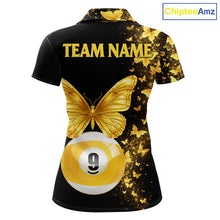 Load image into Gallery viewer, Women's billiard polo with black gold butterfly artwork and billiard ball graphics, premium custom jersey for stylish league players, luxury sportswear fans and tournament competition.