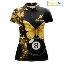 Load image into Gallery viewer, Women's billiard polo with black gold butterfly artwork and billiard ball graphics, premium custom jersey for stylish league players, luxury sportswear fans and tournament competition.