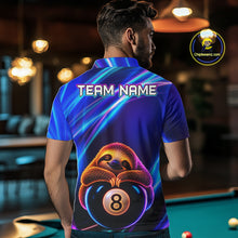 Load image into Gallery viewer, Male billiard player wearing funny sloth pool jersey during league play, premium performance apparel for relaxed competitors, animal lovers and casual tournament players, symbolizing positivity, balance and enjoyment.
