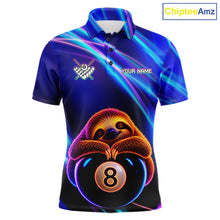 Load image into Gallery viewer, Men's funny billiard polo featuring blue neon sloth with glowing 8 ball graphics, personalized performance apparel for APA leagues, casual pool players, animal lovers and Father's Day gifts, symbolizing relaxation and positive energy.