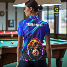 Load image into Gallery viewer, Female billiard player wearing funny sloth billiard jersey during league play, representing relaxation, positivity, friendship and enjoyable competition.