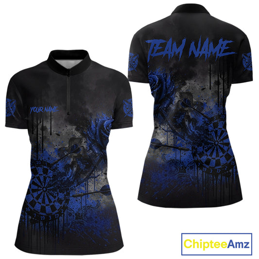 Custom Blue Splatter Rose Dartboard Grunge Darts Quarter-Zip Shirt For Women Outfit Dart Jerseys NYN1834