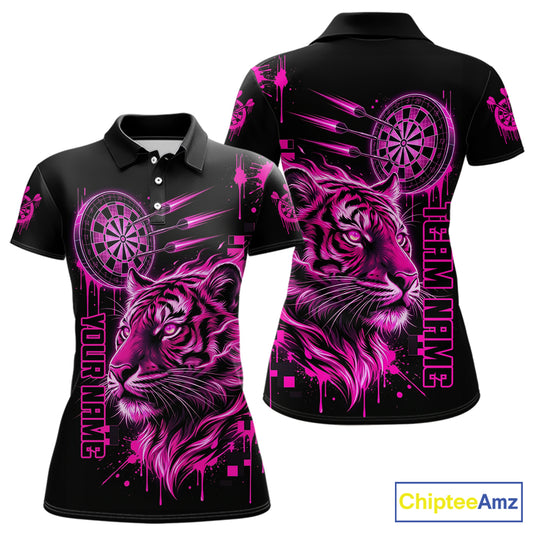 Pink Neon Tiger Lightning Dartboard Women Dart Polo Shirts Custom Name & Team Dart Jerseys NYN2098