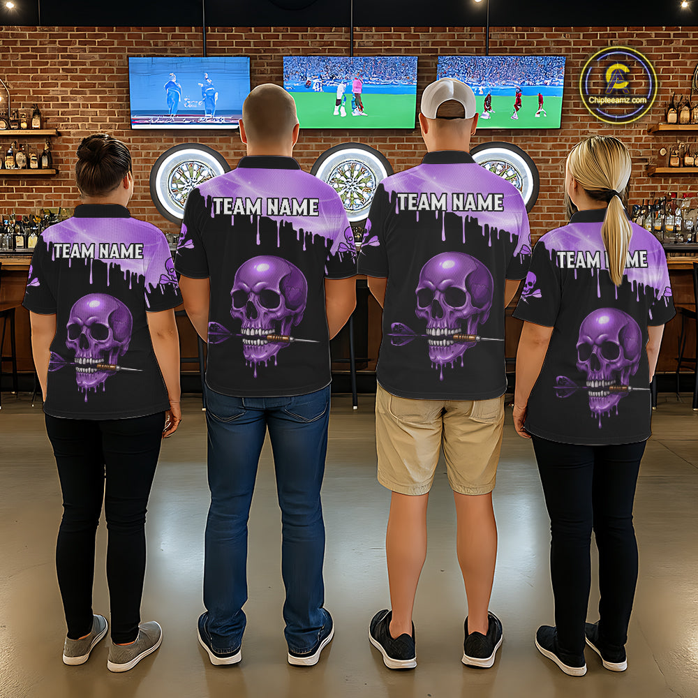 Custom Holographic Purple Skull Darts Shirt Polo For Women Light Skull Dart League Jerseys NYN2109