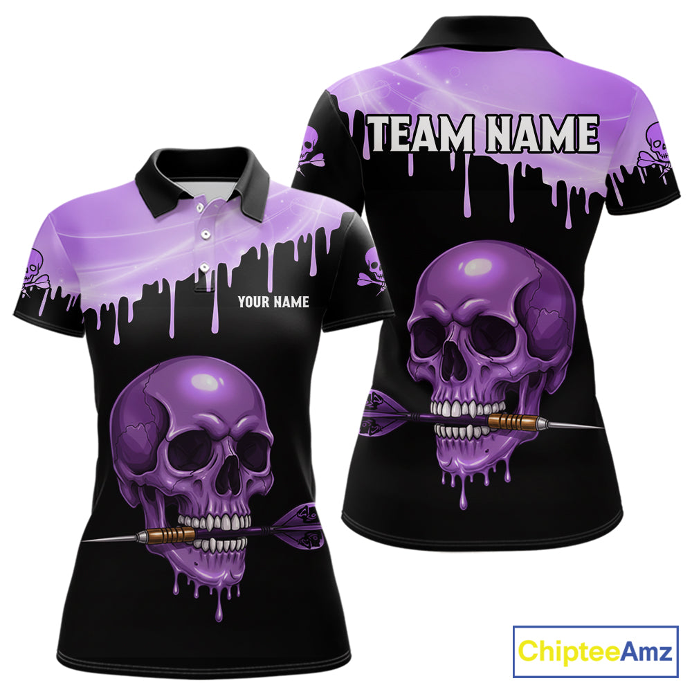Custom Holographic Purple Skull Darts Shirt Polo For Women Light Skull Dart League Jerseys NYN2109