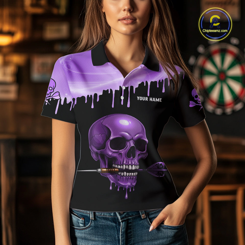 Custom Holographic Purple Skull Darts Shirt Polo For Women Light Skull Dart League Jerseys NYN2109