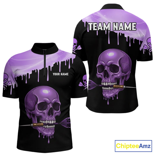 Custom Holographic Purple Skull Darts Shirt 1/4-Zip For Men Light Skull Dart League Jerseys NYN2109