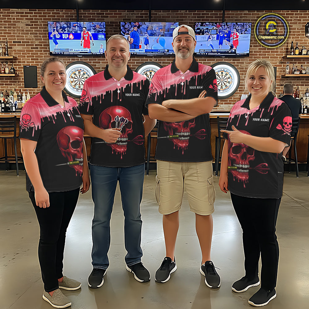 Custom Holographic Red Skull Darts Shirt Polo For Men Light Skull Dart League Jerseys NYN2110