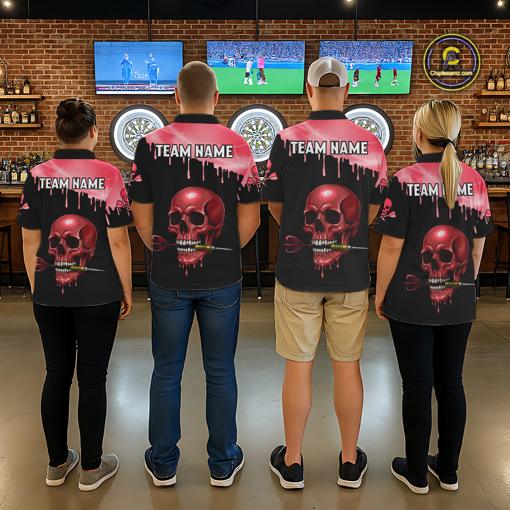 Custom Holographic Red Skull Darts Shirt Polo For Men Light Skull Dart League Jerseys NYN2110