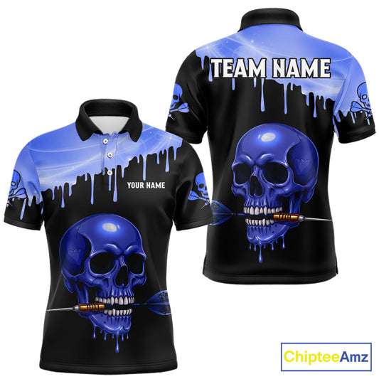 Custom Holographic Blue Skull Darts Shirt Polo For Men Light Skull Dart League Jerseys NYN2111