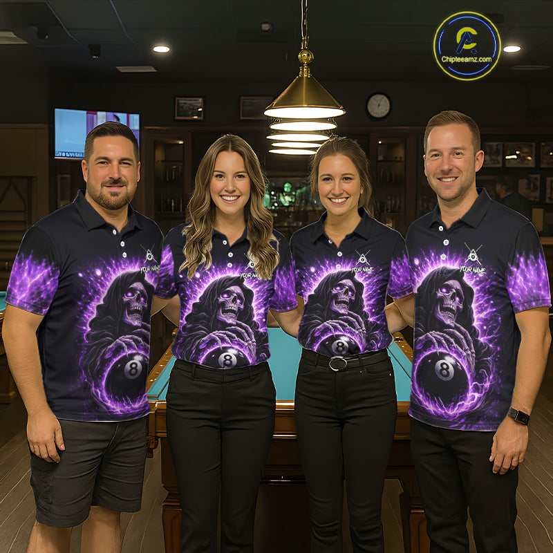 Lightning Purple Scary Grim Reaper Pool 8 Ball Men Billiard Shirt Custom Ball Billiard Team Attire NYN2624