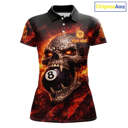 Cracked Soil Skull Red Flames Pool 8 Ball Women Billiard Polo & 1/4-Zip Shirt Custom Billiard Attire NYN2627