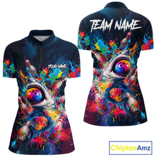 Load image into Gallery viewer, Women's quarter-zip bowling jersey featuring vibrant splatter shark design with bowling elements, custom tournament apparel for bowling teams, casual leagues and unique bowling gifts, representing fun, creativity and competitive spirit.