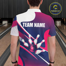 Load image into Gallery viewer, White, Blue And Pink Bowling Ball &amp; Pins Shirt For Men Custom Polo Quarter-Zip Bowling Team Jersey NYN3673