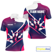 Load image into Gallery viewer, White, Blue And Pink Bowling Ball &amp; Pins Shirt For Men Custom Polo Quarter-Zip Bowling Team Jersey NYN3673