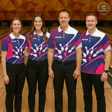 Load image into Gallery viewer, Men women bowling team wearing matching white, blue and pink bowling jerseys during tournaments, personalized uniforms representing teamwork, friendship, unity and championship success.
