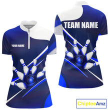 Load image into Gallery viewer, White And Blue Bowling Ball &amp; Pins Shirt For Women Custom Polo Quarter-Zip Bowling Team Jersey NYN3674