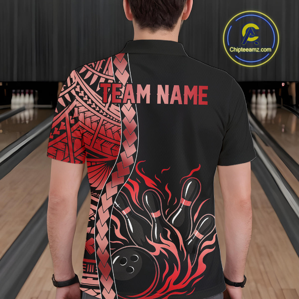 Male athlete wearing tribal bowling polo at tournament, personalized bowling jersey
