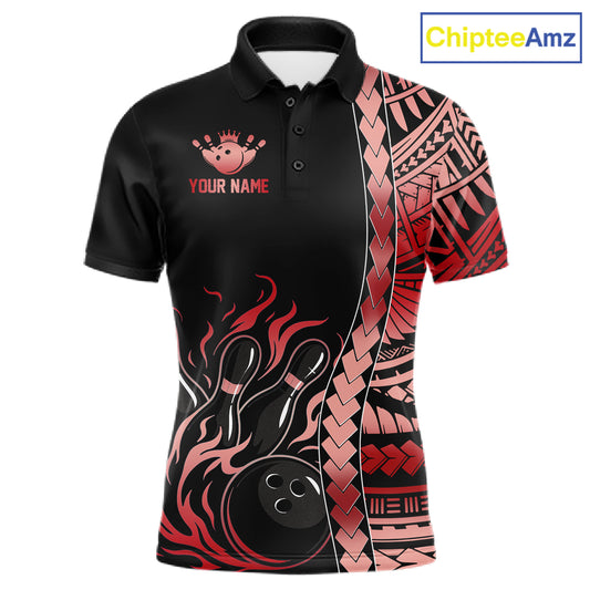 Men's black red tribal flame bowling polo, performance bowling team apparel