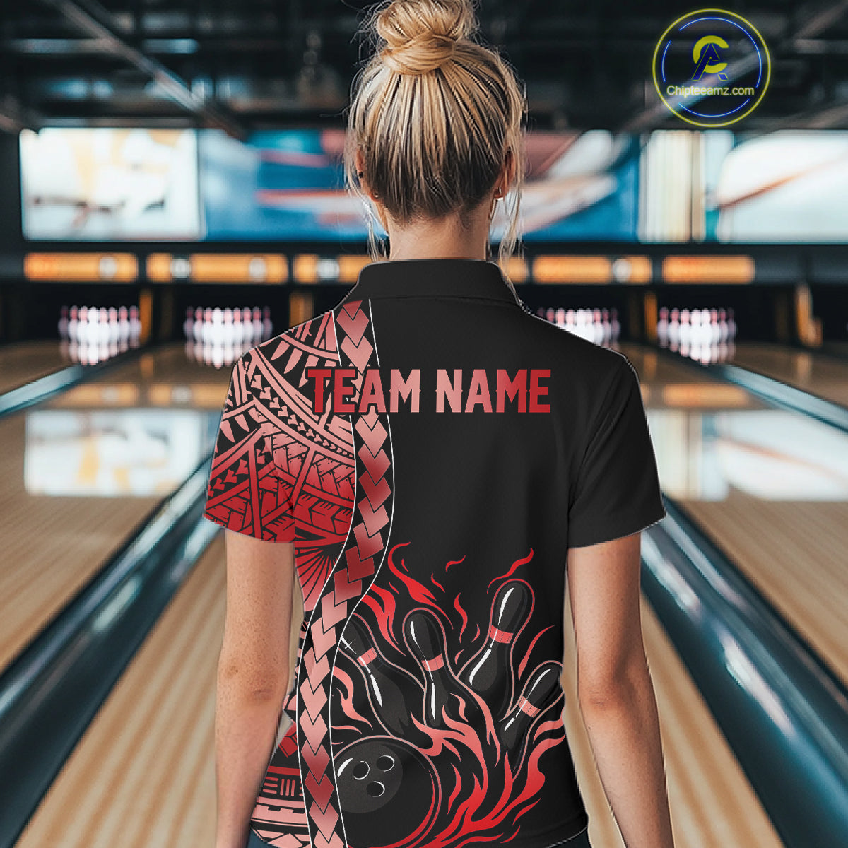 Female athlete wearing tribal flame bowling polo, custom bowling league uniform