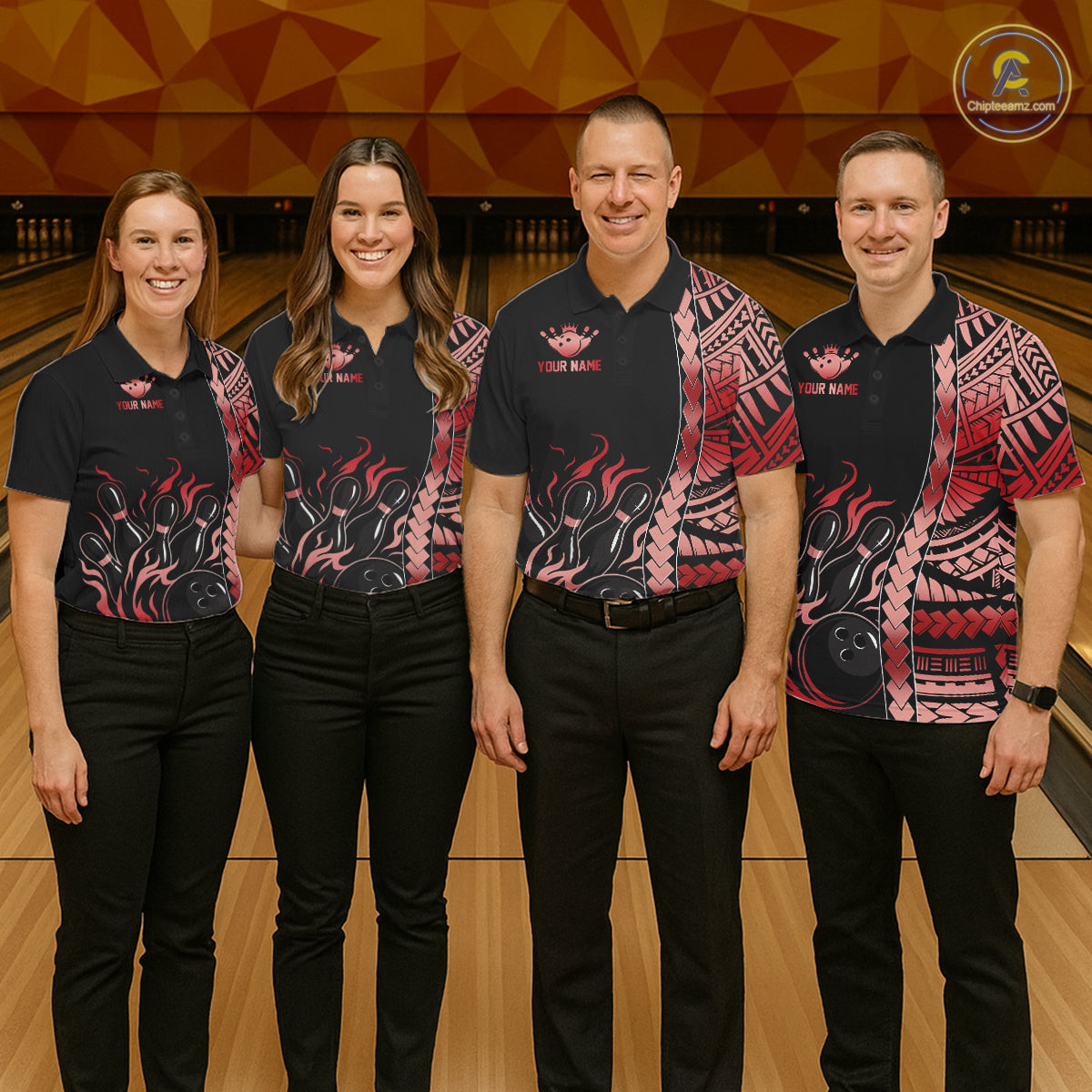Women's bowling team wearing Black & Red Flame Tribal Bowling Polo & Quarter-Zip shirts, matching custom bowling jerseys for league play, bowling tournament uniforms, personalized team apparel