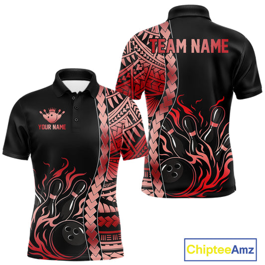 Men's black red tribal flame bowling polo, performance bowling team apparel
