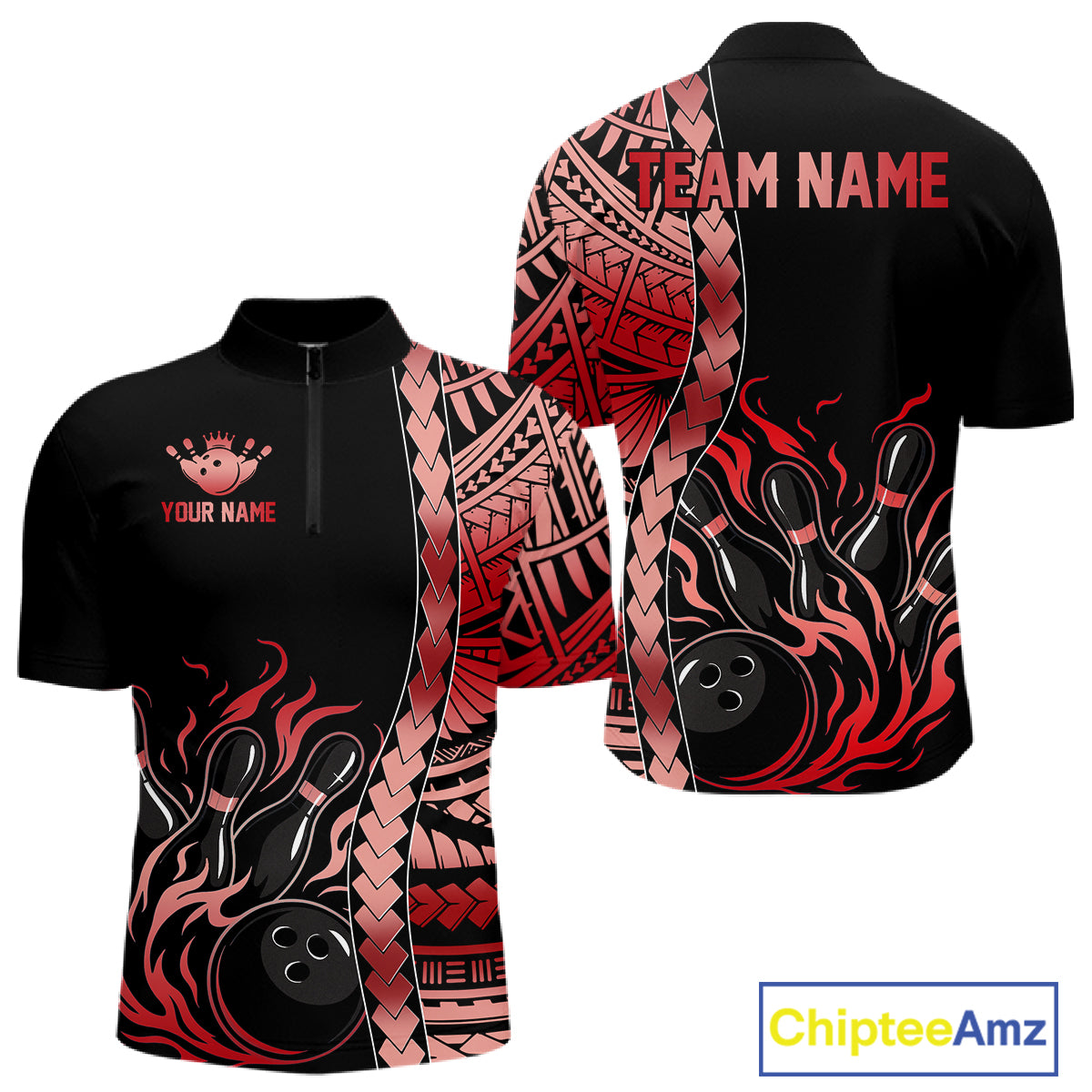 Men's tribal flame bowling quarter-zip, personalized bowling uniform, league competition apparel