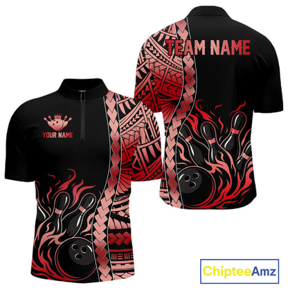 Men's tribal flame bowling quarter-zip, personalized bowling uniform, league competition apparel