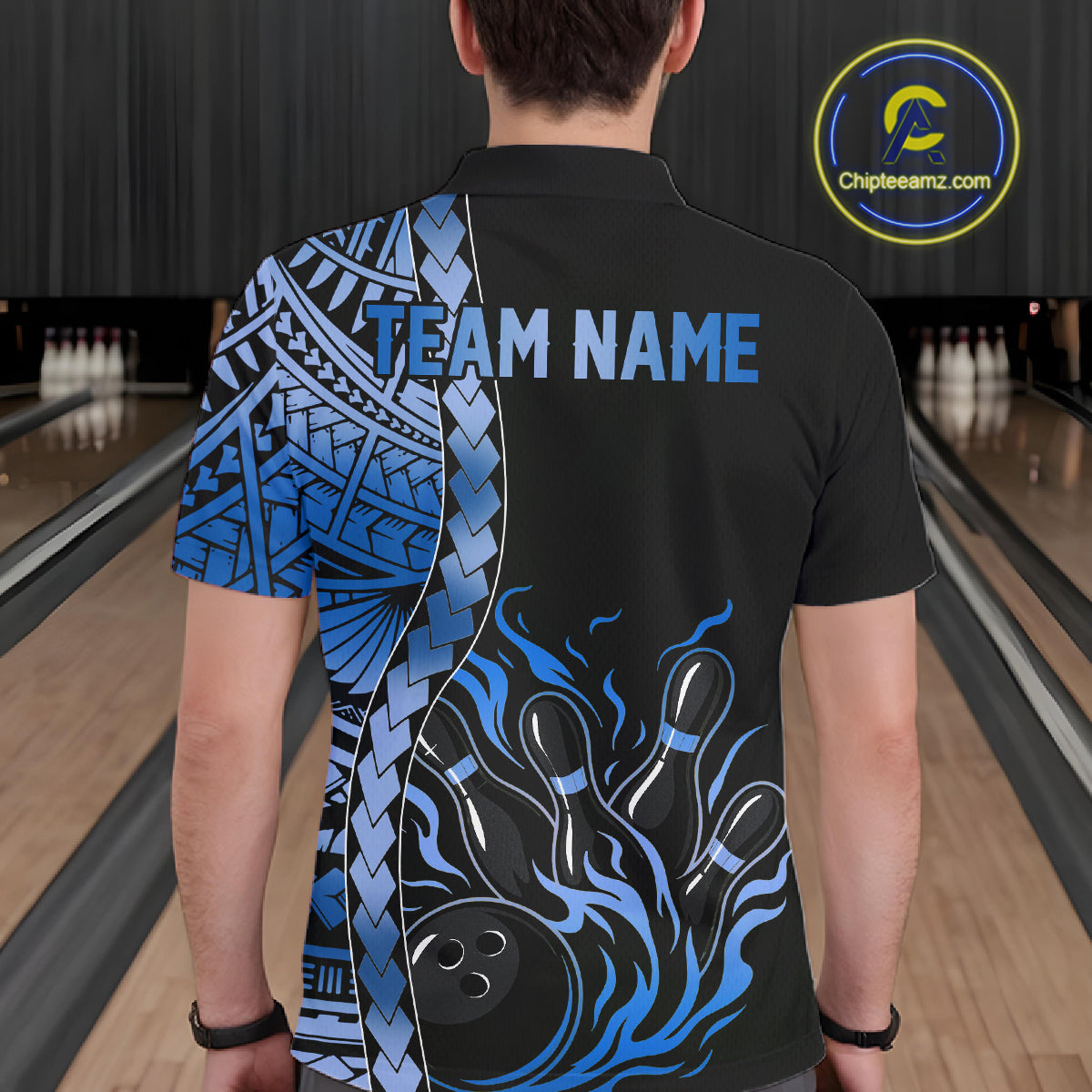 Male bowler in blue tribal bowling polo at championship event