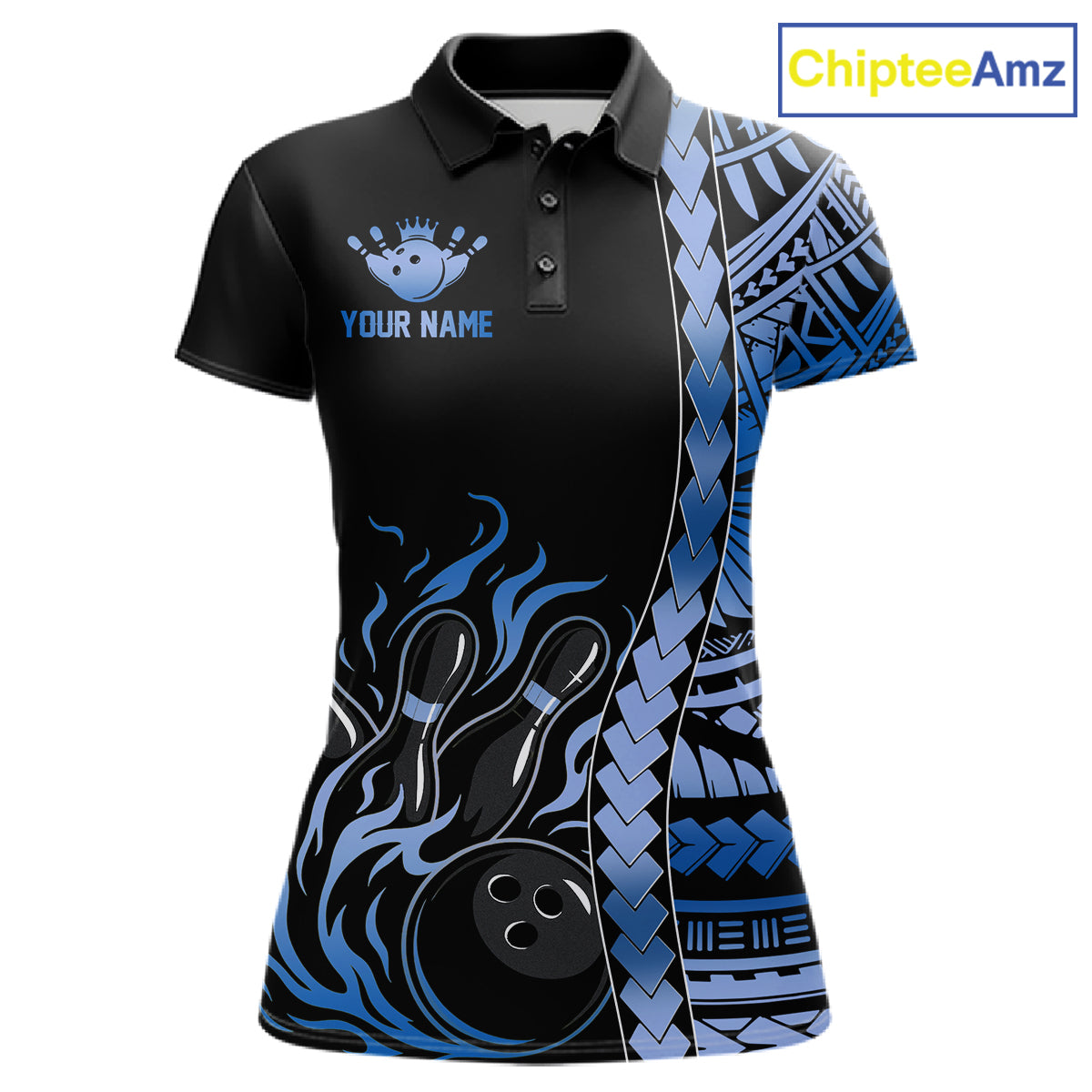 Women's black blue tribal flame bowling polo, custom bowling shirt, personalized bowling jersey