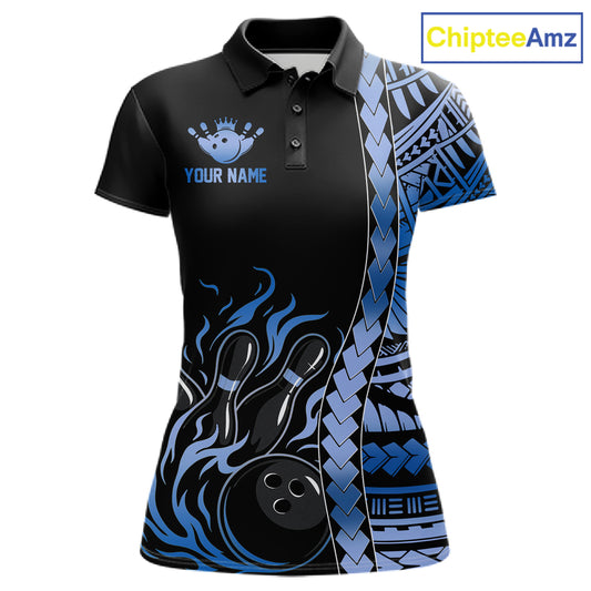 Women's black blue tribal flame bowling polo, custom bowling shirt, personalized bowling jersey