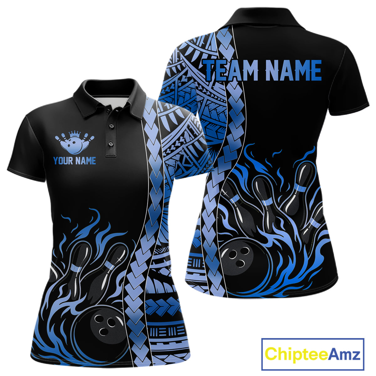 Women's black blue tribal flame bowling polo, custom bowling shirt, personalized bowling jersey