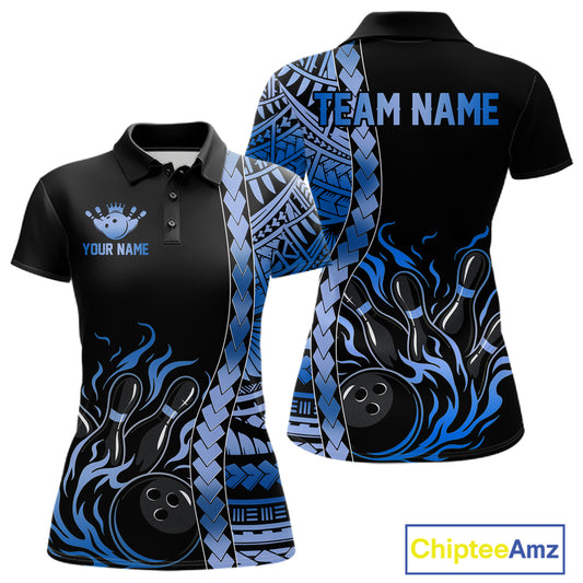 Women's black blue tribal flame bowling polo, custom bowling shirt, personalized bowling jersey